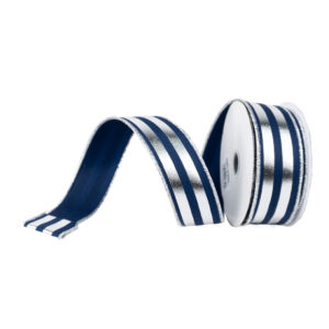 RIBBONB 1.5" X 10YDS RIBBON METALLIC VERTICAL STRIPES NAVY BLUE AND SILVER