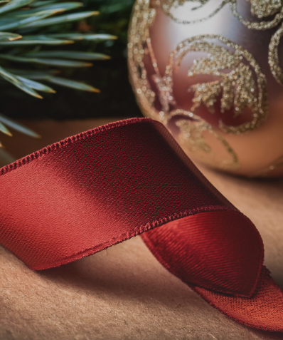 red ribbon with christma ball